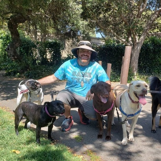 Greg kneeling surrounded by five happy dogs